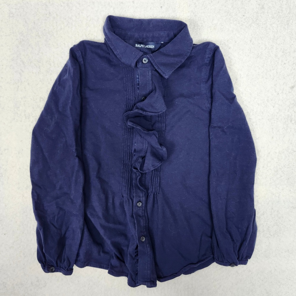 Ralph Lauren Girls Navy Ruffle Button Down Shirt Blouse Size 6 Preppy School